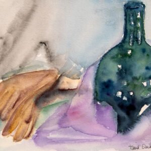 Paire de gants sur drapé près d'une bouteille vert émeraude - Aquarelle