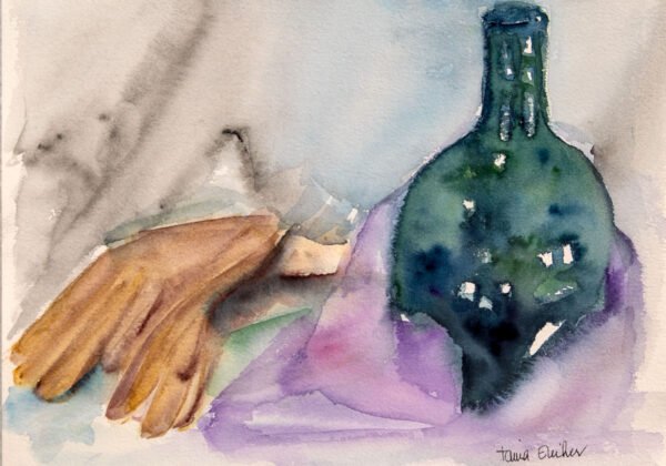 Paire de gants sur drapé près d'une bouteille vert émeraude - Aquarelle