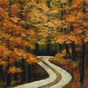 Sur le chemin - Chemin sinueux en paysage de fôret aux couleurs automnales - Peinture réalisée au couteau et à l'acrylique