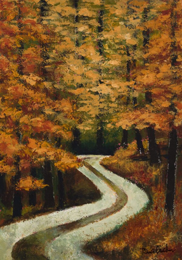 Sur le chemin - Chemin sinueux en paysage de fôret aux couleurs automnales - Peinture réalisée au couteau et à l'acrylique