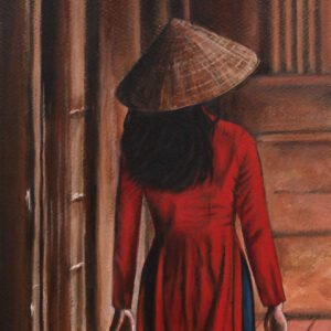 Un jour sans elle - Femme de dos, en robe rouge et chapeau chinois - Peinture réalisée, à l'acrylique, au couteau