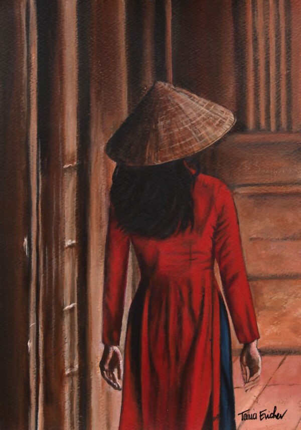 Un jour sans elle Un jour sans elle - Femme de dos, en robe rouge et chapeau chinois - Peinture réalisée, à l'acrylique, au couteau
