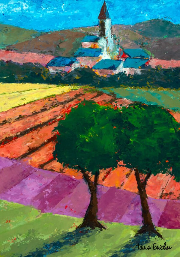 Au son du clocher - Paysage de collines - Arbres en bordure de champs et village - Peinture réalisée au couteau et à l'acrylique