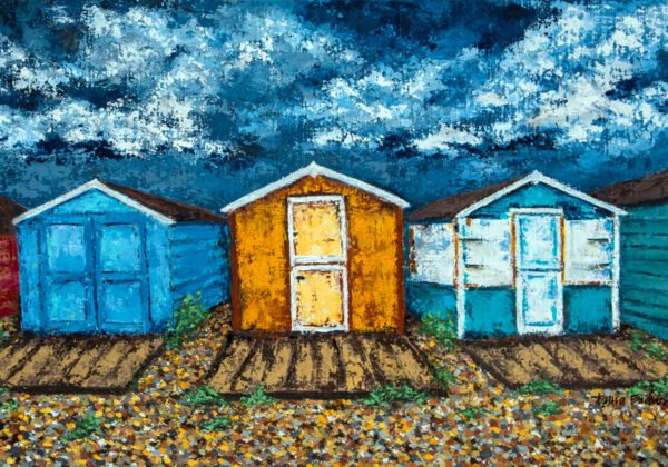 Un jour d'orage - Cabines sur plage de galets et ciel orageux - Peinture au couteau sur toile de lin