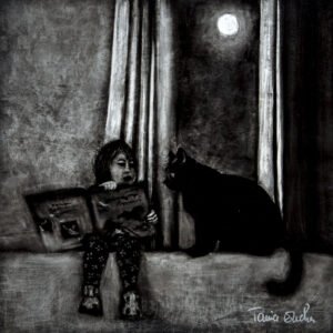 Fillette tenant un livre et racontant une histoire à son chat noir, tous les deux assis sur un canapé, situé près d'une fenêtre, au clair de lune - Peinture à l'huile, en noir et blanc, réalisée à la manière noire