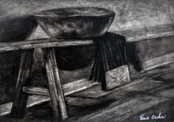 Cuvette en terre cuite et serviette de bain posées sur un banc. Peinture à l'huile, en noir et blanc, réalisée à la manière noire