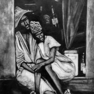 Portrait d'un couple se tenant dans les bras, assis à la porte de leur modeste demeure. Peinture réalisée à l'huile, en noir et blanc, à la manière noire