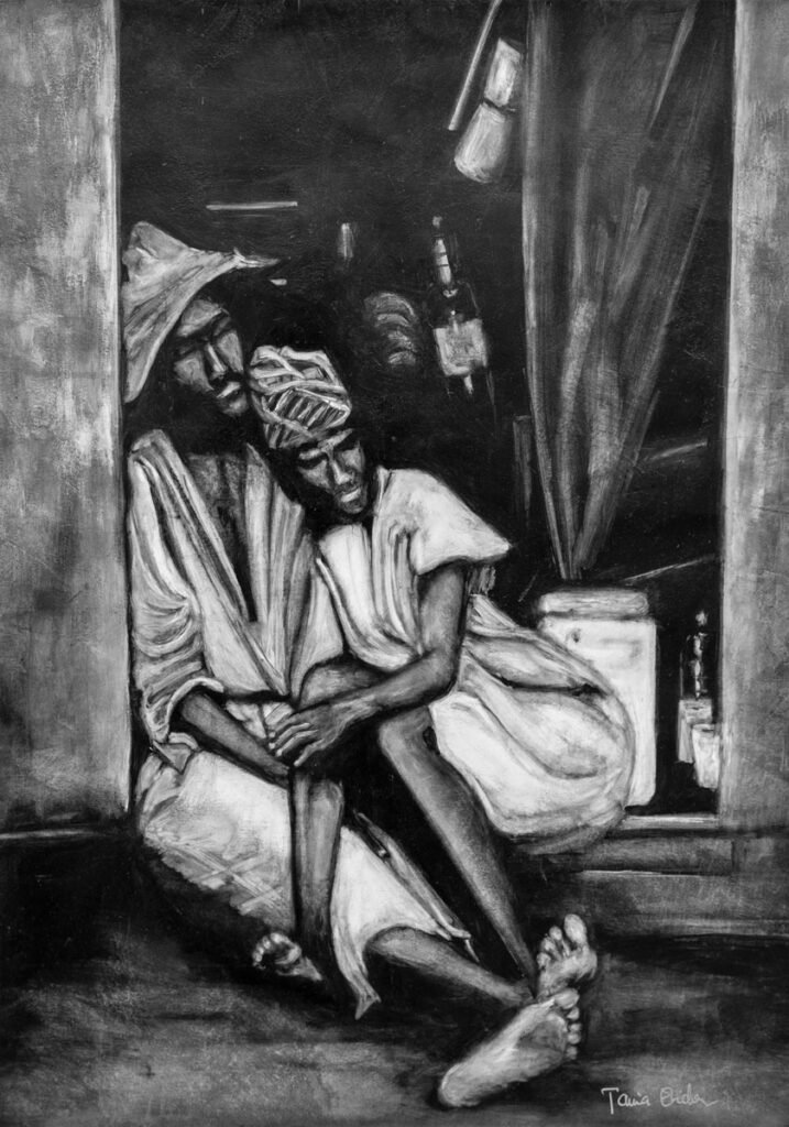 Portrait d'un couple se tenant dans les bras, assis à la porte de leur modeste demeure. Peinture réalisée à l'huile, en noir et blanc, à la manière noire