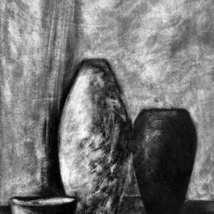 Pots en terre cuite - Peinture réalisée à l'huile, en noir et blanc, à la manière noire