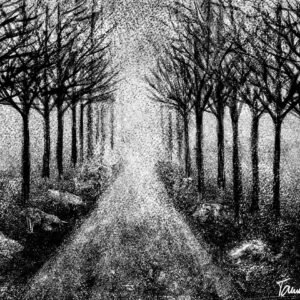 Route de campagne, bordée d'arbres, baignée par la brume matinale - Monotype, en noir et blanc, réalisé à la manière noire