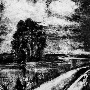 Ciel dramatique sur chemin de campagne - Monotype, en noir et blanc, réalisé à la manière noire