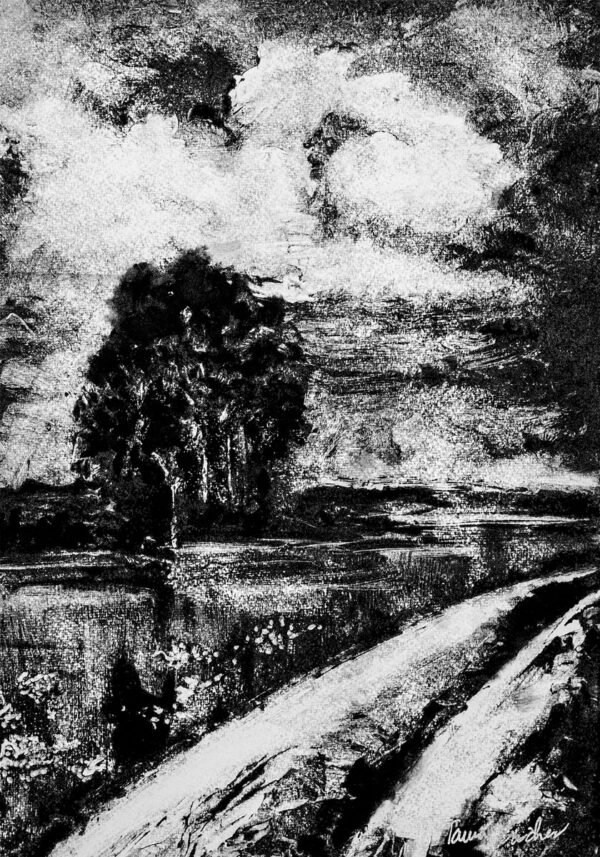 Ciel dramatique sur chemin de campagne - Monotype, en noir et blanc, réalisé à la manière noire