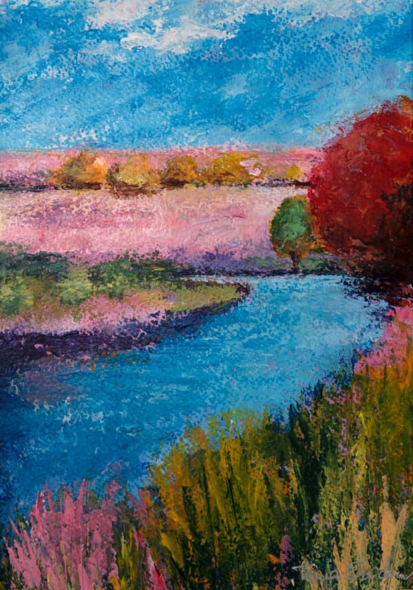 Bords d'Amer - Paysage marécageux, joncs en premier plan - Peinture réalisée au couteau et à l'acrylique