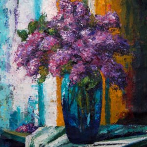 Amour naissant - Bouquet de lilas mauve dans un vase bleu turquoise - Peinture réalisée au couteau et à l'acrylique sur toile de lin