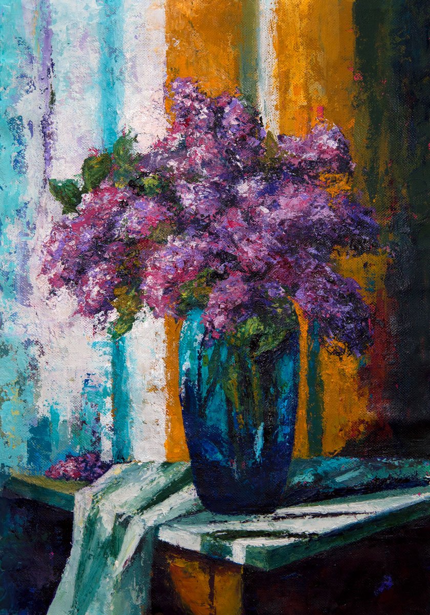 Amour naissant - Bouquet de lilas mauve dans un vase bleu turquoise - Peinture réalisée au couteau et à l'acrylique sur toile de lin