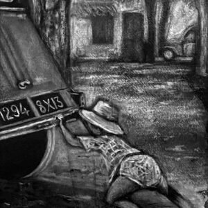 Portrait d'un petit enfant, poussant de toutes ses forces une voiture. Peinture réalisée à l'huile, en noir et blanc, à la manière noire