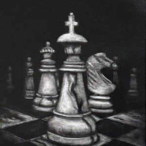 Jeux d'échecs - Peinture à l'huile, en noir et blanc, réalisé à la manière noire