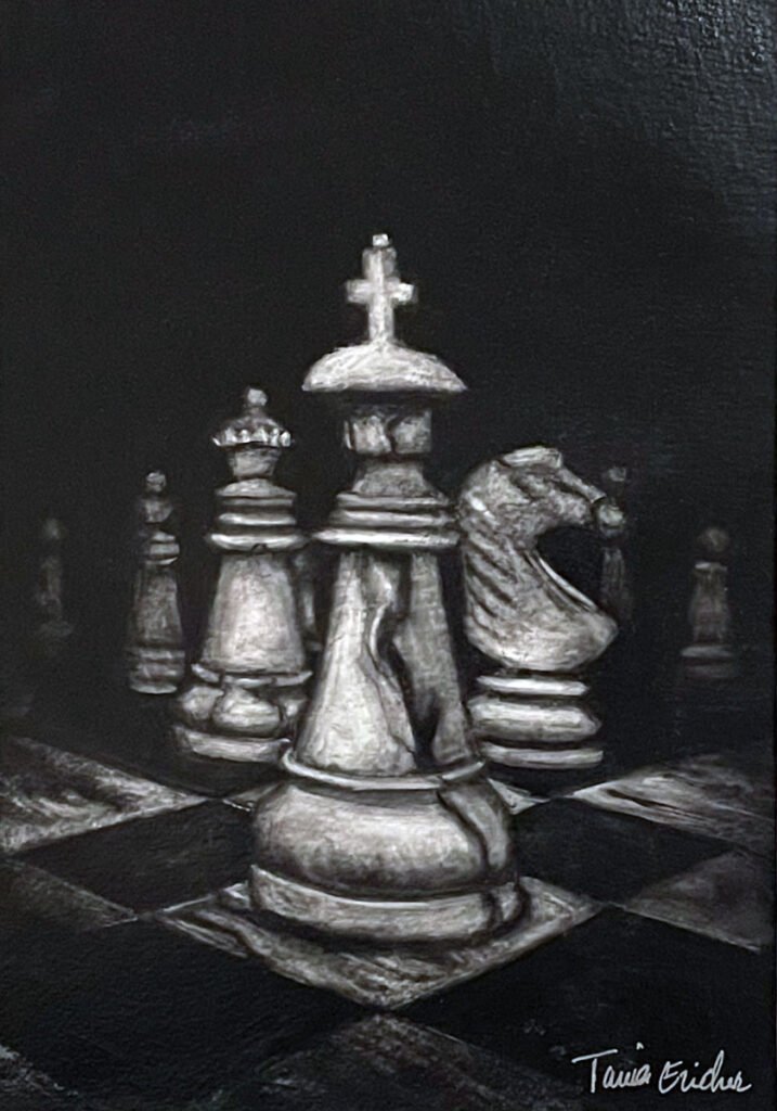Jeux d'échecs - Peinture à l'huile, en noir et blanc, réalisé à la manière noire