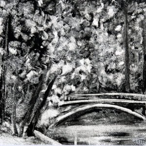 Petit pont de bois en forêt - Monotype, en noir et blanc, réalisé à la manière noire