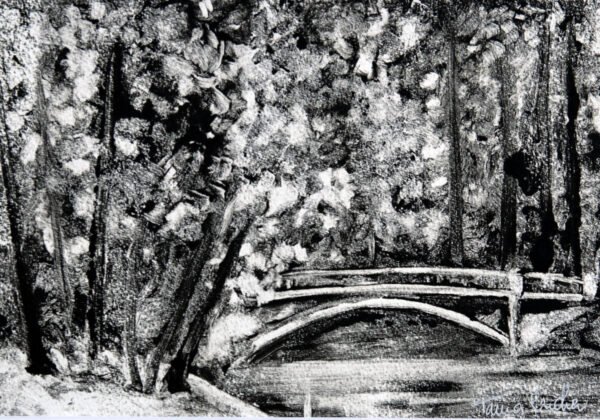 Petit pont de bois en forêt - Monotype, en noir et blanc, réalisé à la manière noire