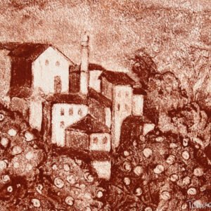 Village au creux d'une colline - Monotype réalisé à la sanguine, à la manière noire