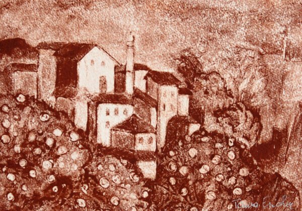 Village au creux d'une colline - Monotype réalisé à la sanguine, à la manière noire