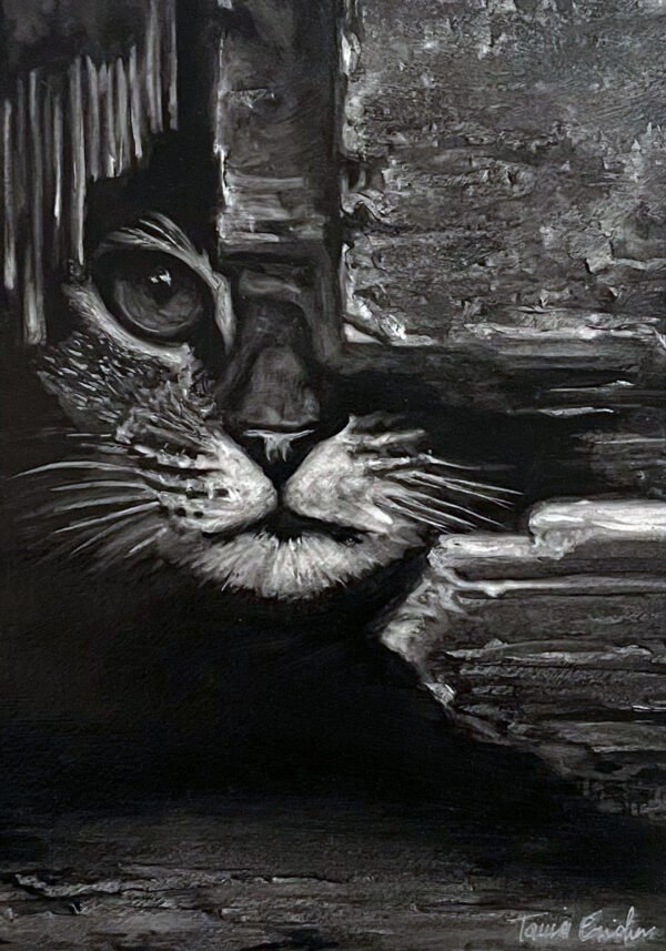 Portrait d'un Chat noir et blanc, à l'affut caché dans un recoin, sous un pan de mur délabré - Peinture à l'huile en noir et blanc réalisé à la manière noire