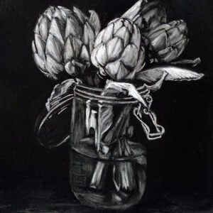 Bouquet d'Artichauts dans un pot posé sur une table - Peinture à l'huile, en noir et blanc, réalisé à la manière noire