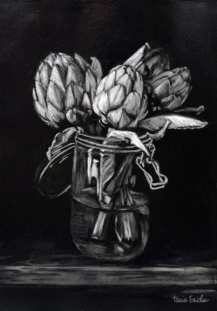 Bouquet d'Artichauts dans un pot posé sur une table - Peinture à l'huile, en noir et blanc, réalisé à la manière noire