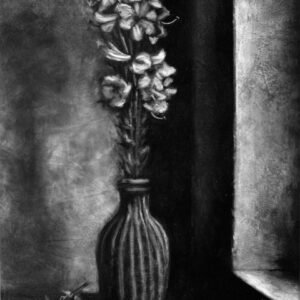 Bouquet de fleurs de Lys, présentées dans un vase posé sur une table - Peinture à l'huile, en noir et blanc, réalisée à la manière noire