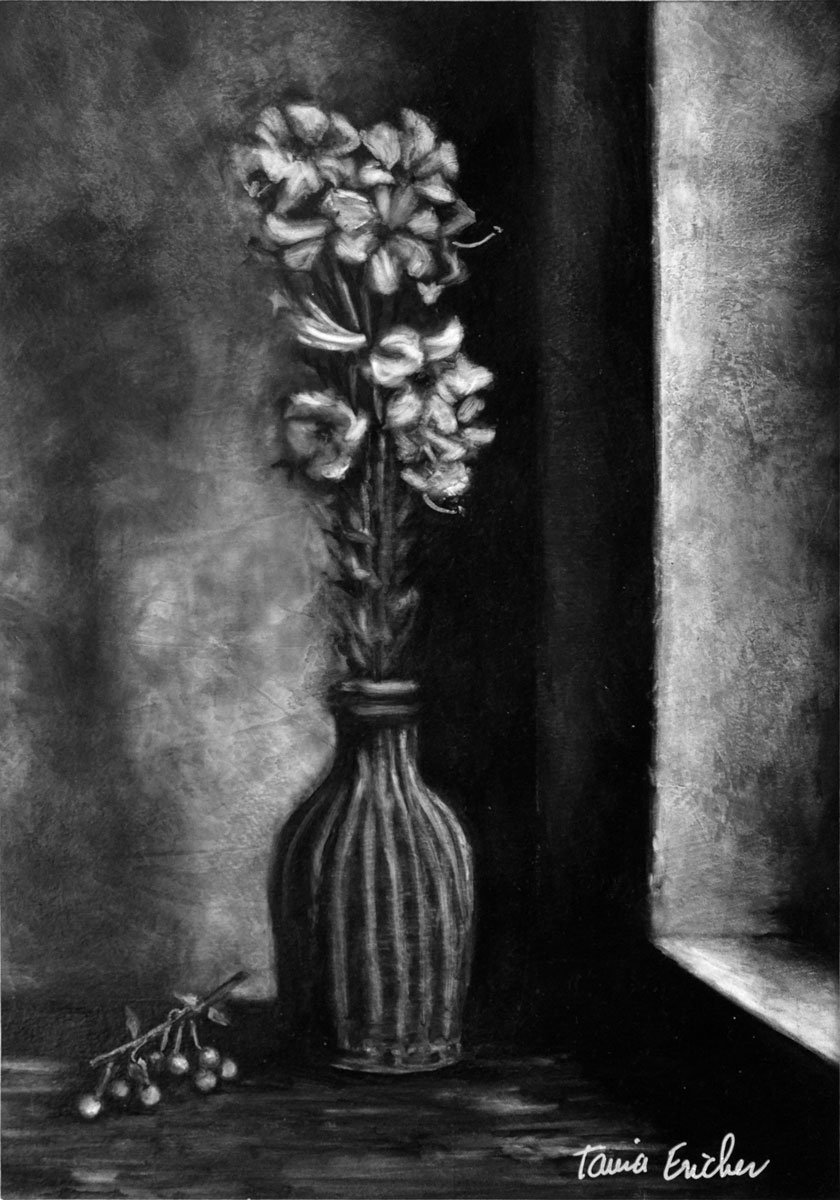 Bouquet de fleurs de Lys, présentées dans un vase posé sur une table - Peinture à l'huile, en noir et blanc, réalisée à la manière noire